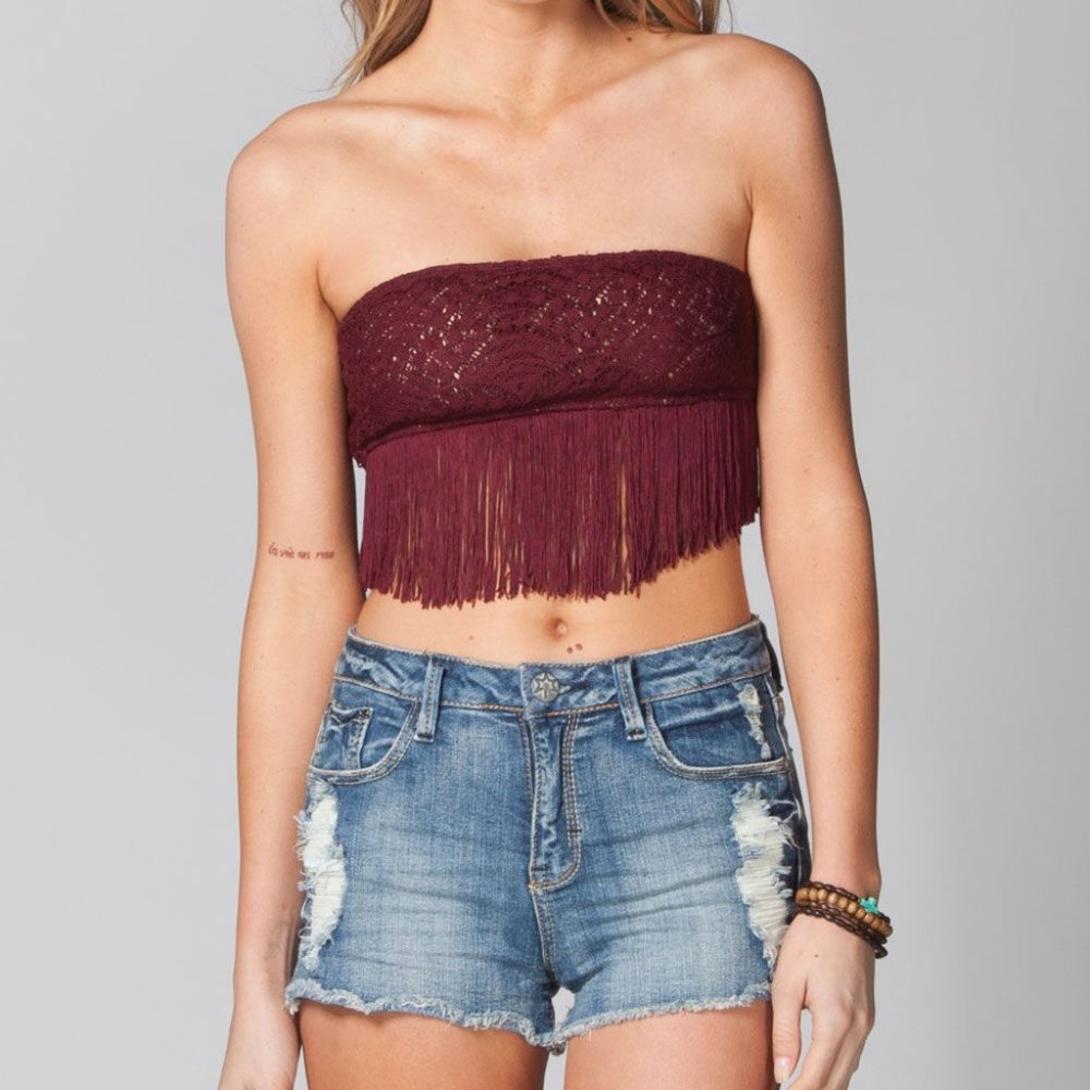 Boho Tillys Burgundy Fringe Bralette Coachella NWT